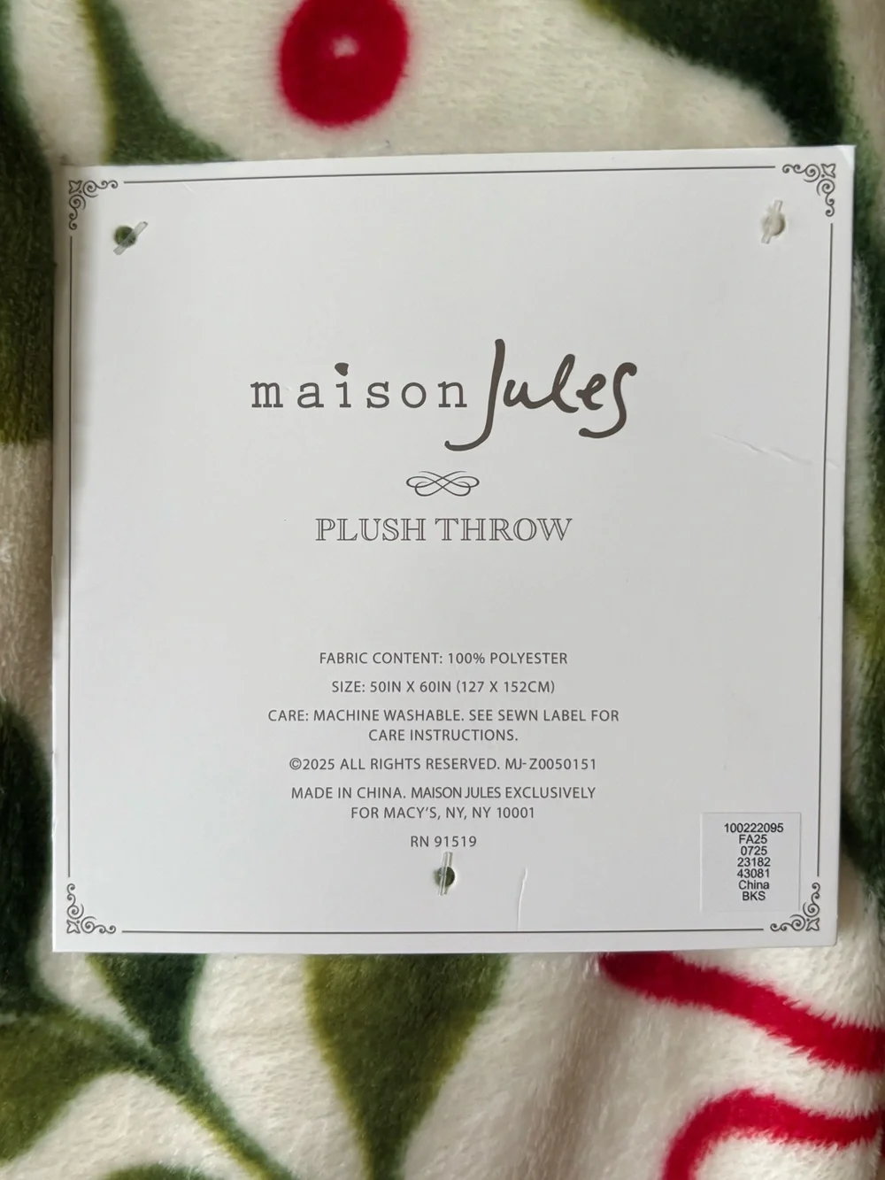 Maison Jules Holiday Plush Throw in White, Green & Red